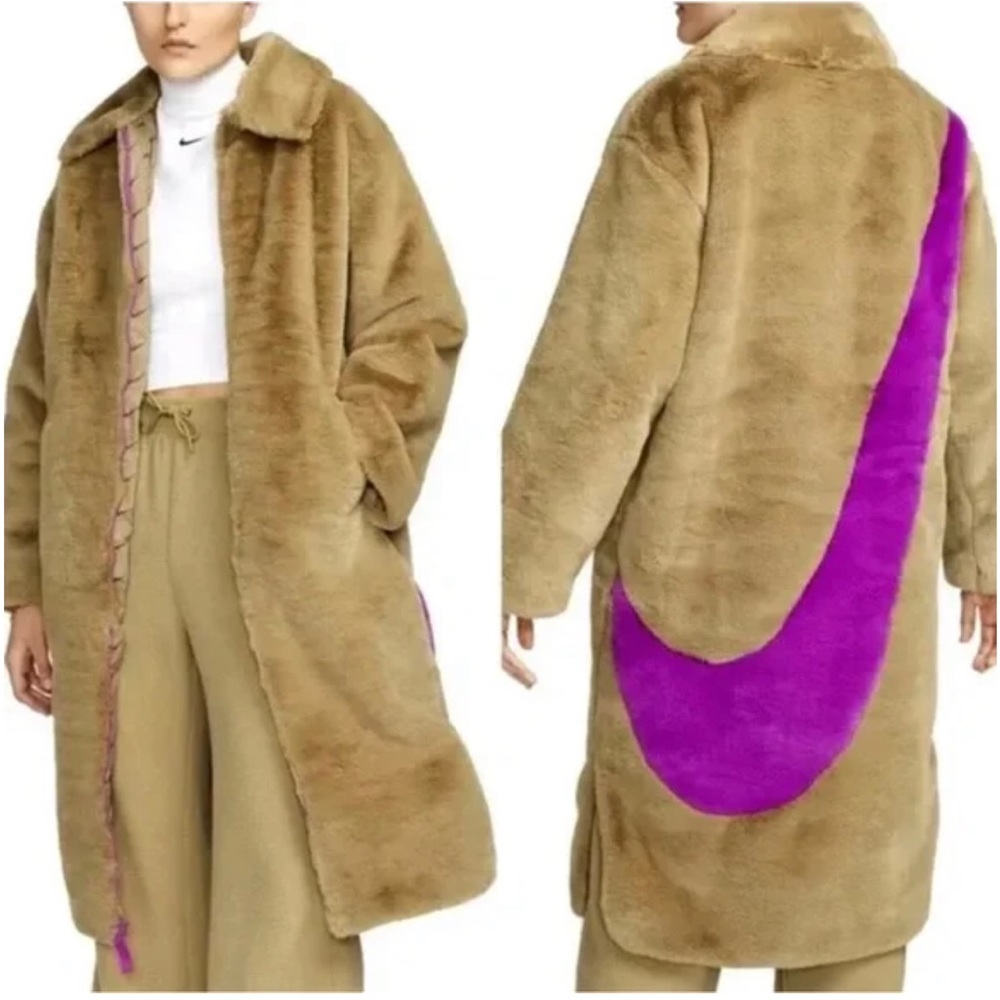 NWT Nike 🤩Sportswear Faux Fur Long Jacket Women’s Tan/Purple Swoosh ✅DQ6838 258